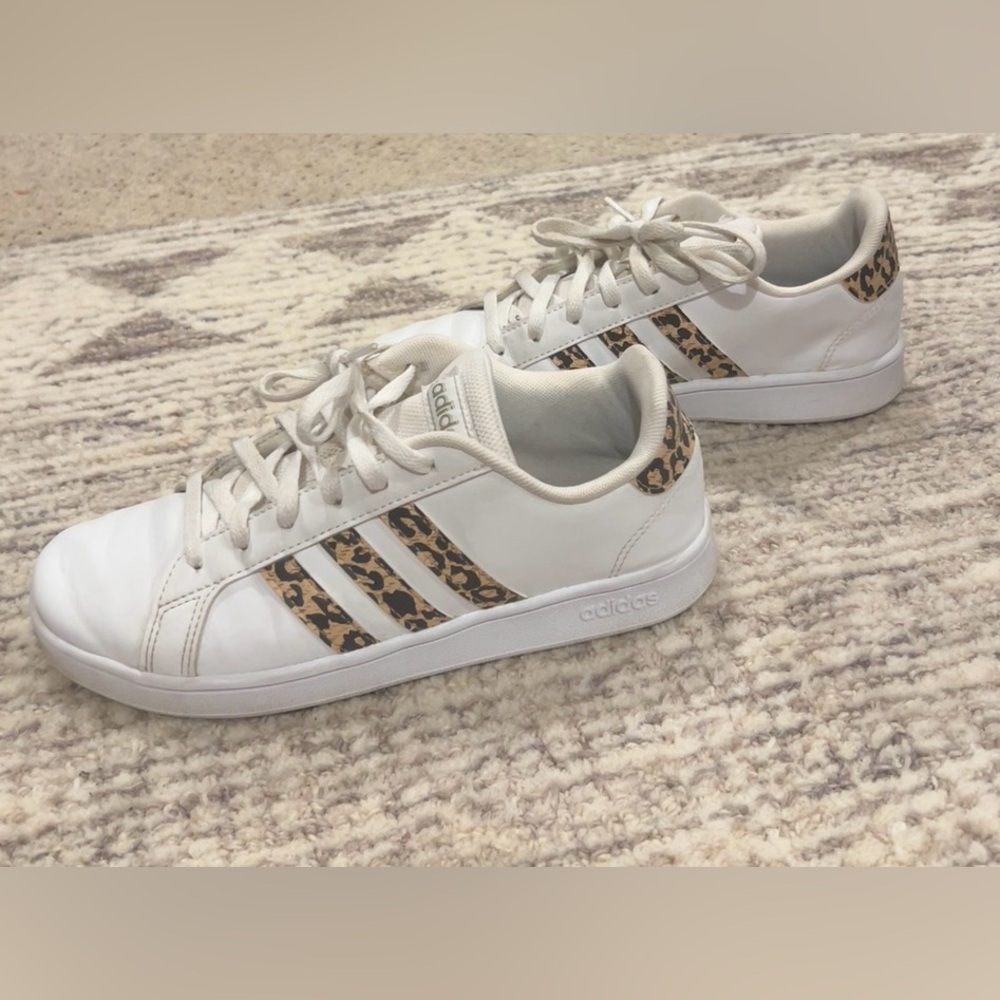 Adidas White Sneakers with Leopard Stripes